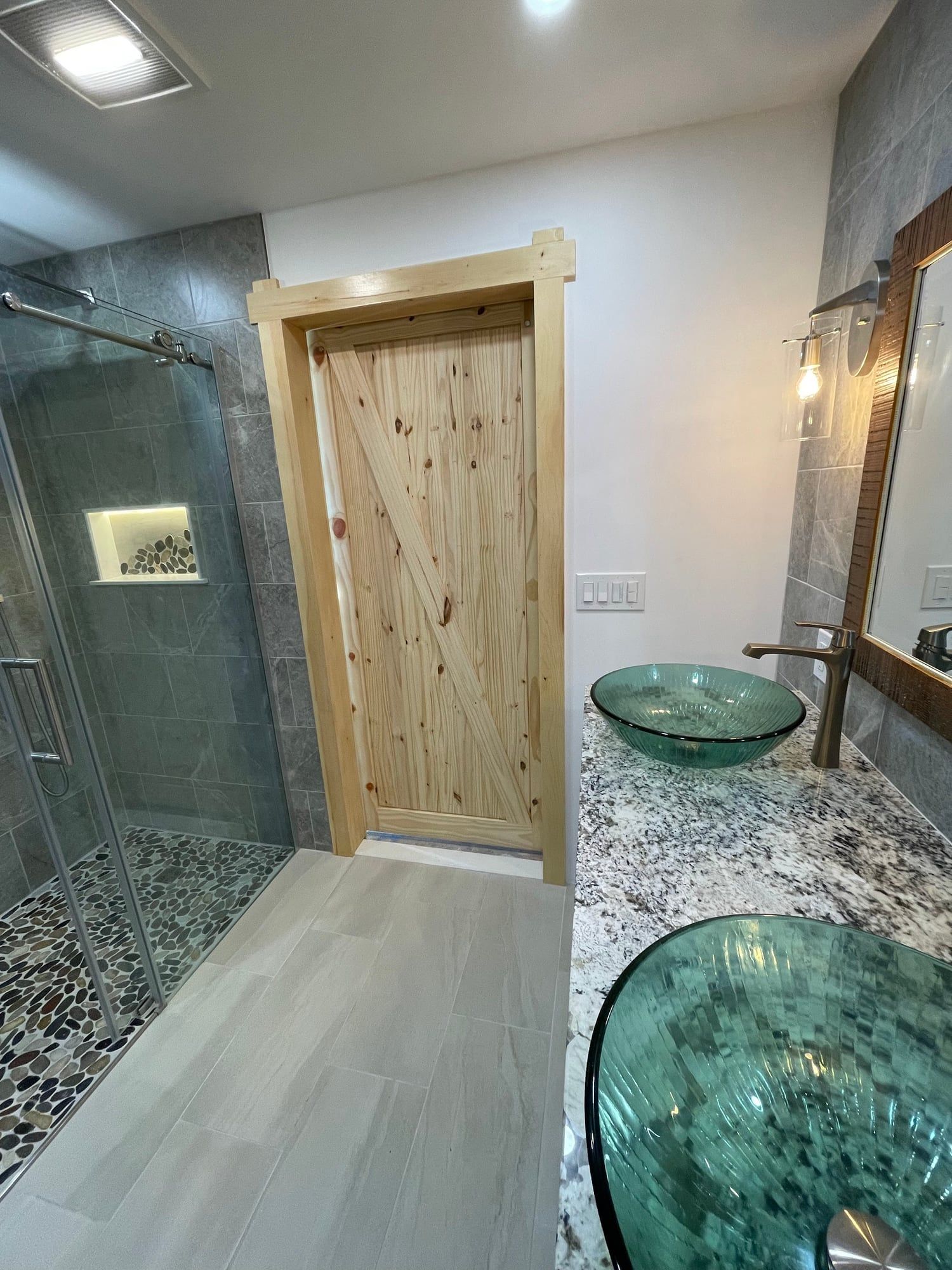 Natural pine plank door with matching casing