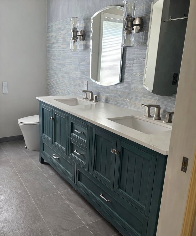 After: navy double vanity, quartz top and textured blue tile