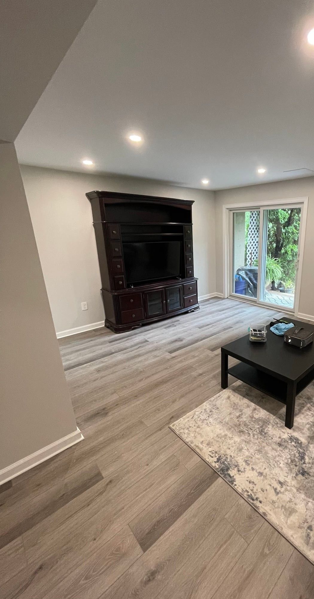 Finished living space with plank flooring and recessed lights