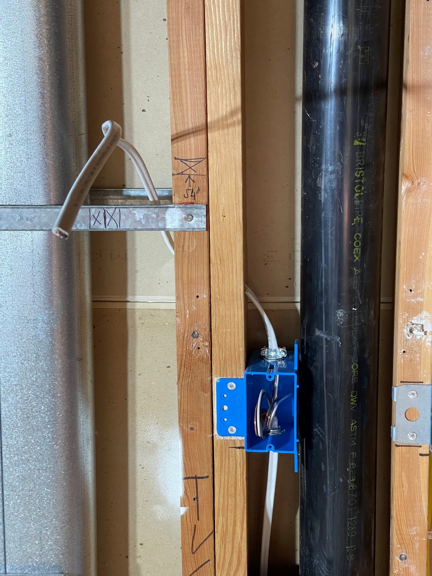 Plumbing and electrical rough-in between studs